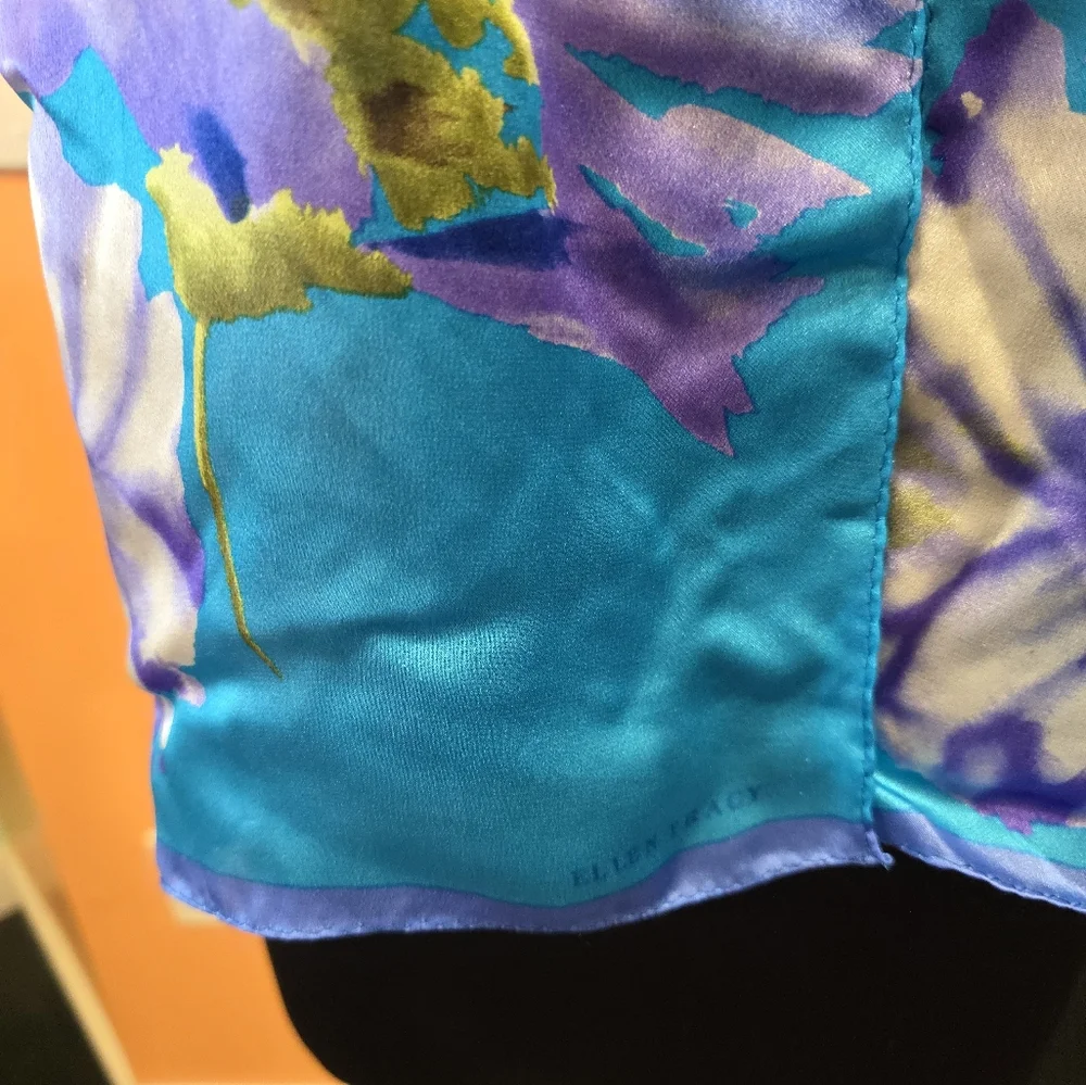 Vintage 90s Ellen Tracy Floral Silk Scarf  Blue and Purple Boho Chic Bohemian